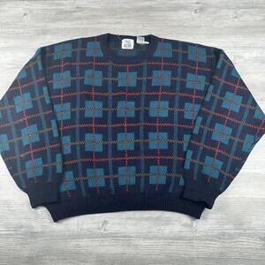 VTG Together Sweater Men 2XL Navy Turquoise Plaid Street Skate Grunge Gorp Baggy